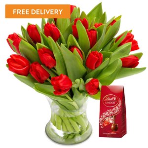 25 Tulipanów Czerwonych z czekoladkami